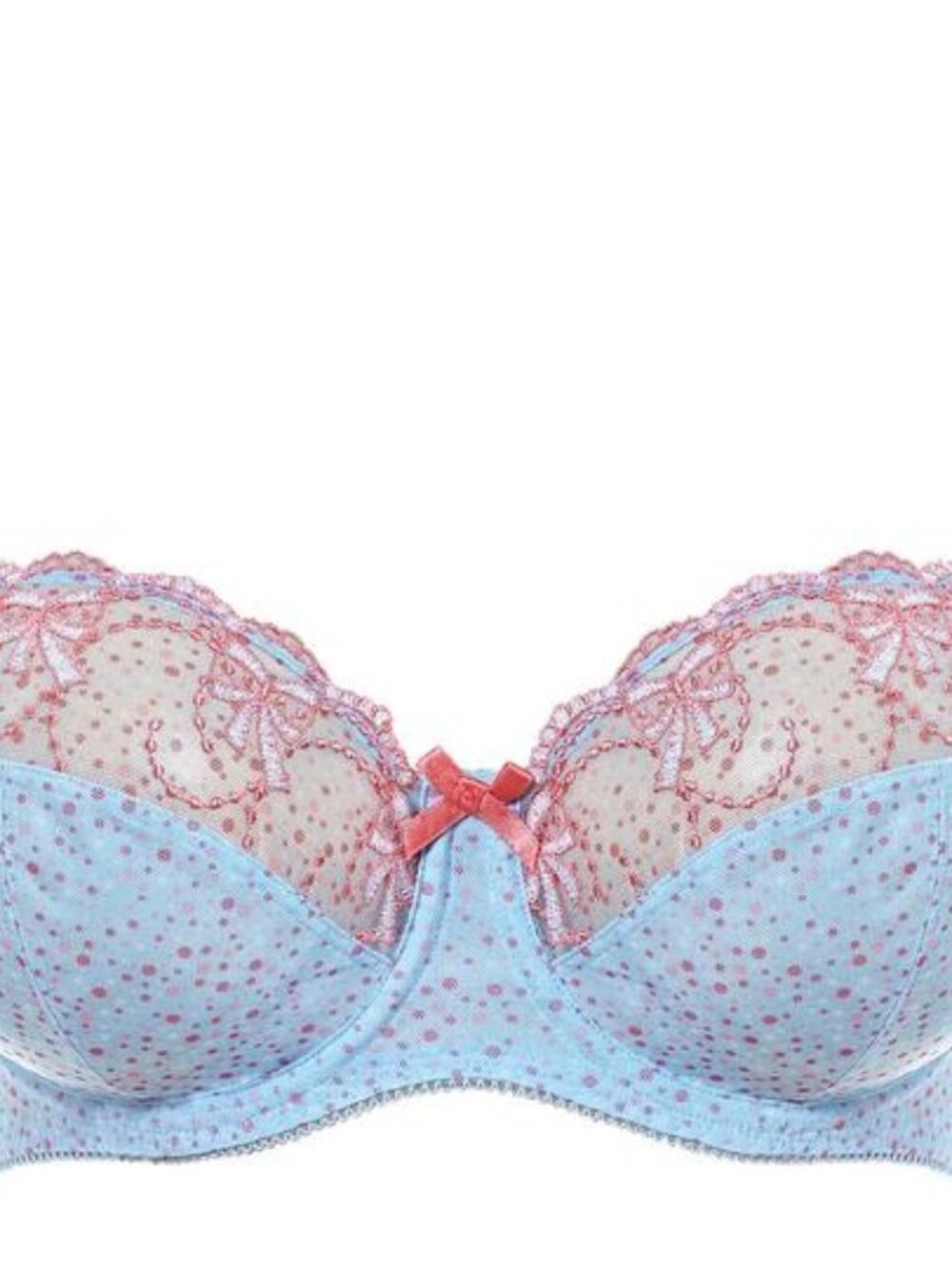 Bravissimo Isla Bra, NWT, Blue and Coral polka dots and lace, 34N US/34JJ UK